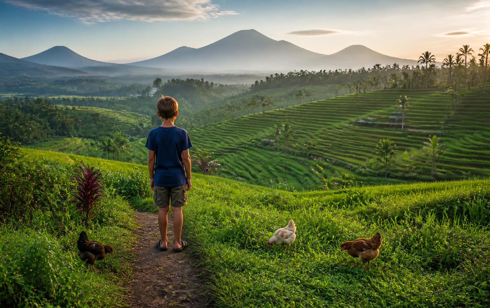 A child free in Bali nature — overlooking rice fields with chickens nearby.
