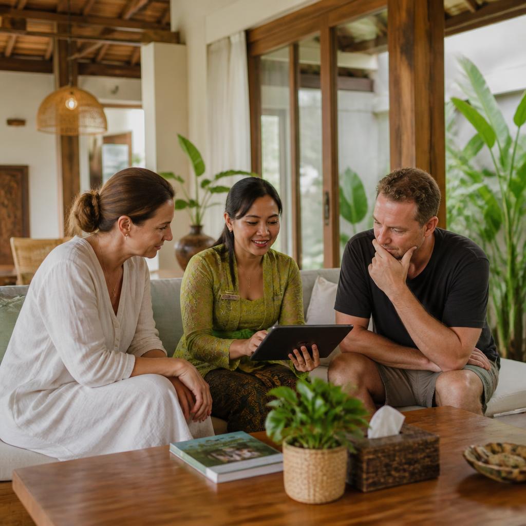 An Indonesian teacher sitting with parents in a warm Bali villa, sharing a child's progress on a tablet.