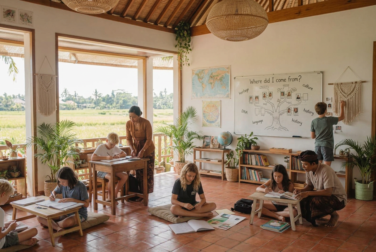 Indonesian teachers with neurodiverse older children learning individually — Winta's Place special needs school classroom in Ubud, Bali.