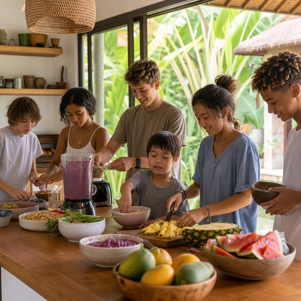 Teenagers preparing a healthy breakfast together at the Winta's Place before-school club — Ubud, Bali special needs school.