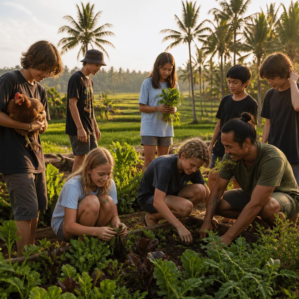 Teens and children at an organic Bali farm during a Winta's Place School Holiday Program camp in Ubud.