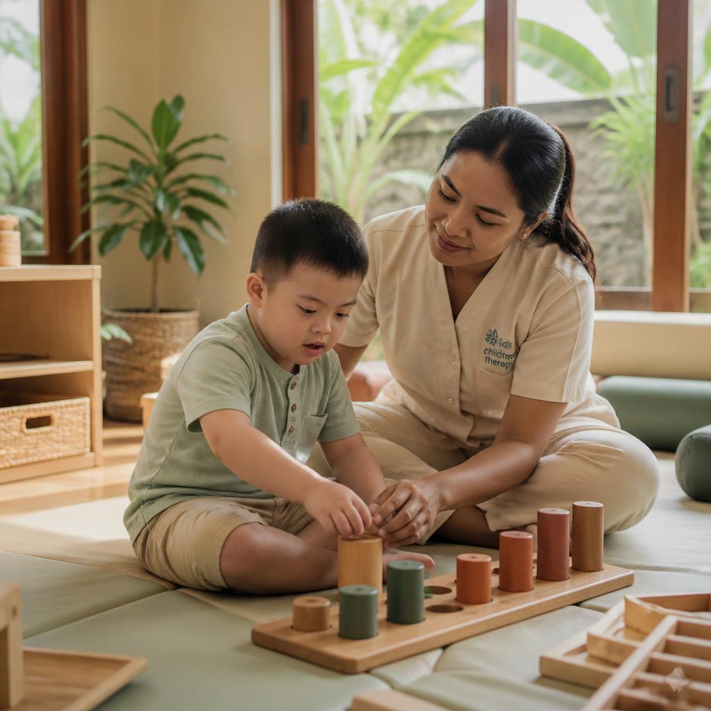 Indonesian occupational therapist working with a neurodiverse child — Winta's Place therapy network, Ubud, Bali.