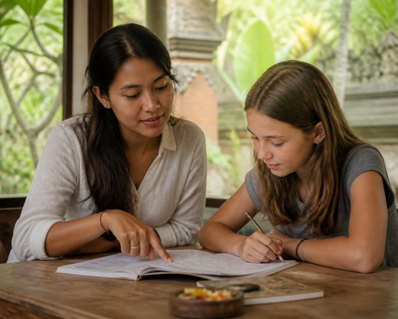 A Balinese teacher working one-to-one with a teenage student at a wooden table in a calm, natural Ubud setting.